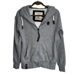 Naketano Gray Men Hoodie Jacket Medium Full Zip Pockets Rope Tie Leather